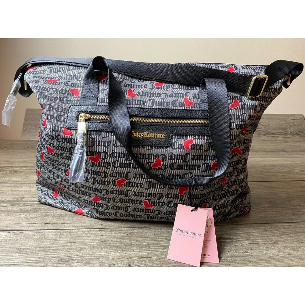 JUICY COUTURE Heart Status Overnighter Duffle Bag Tote Black Logo Hearts NEW
